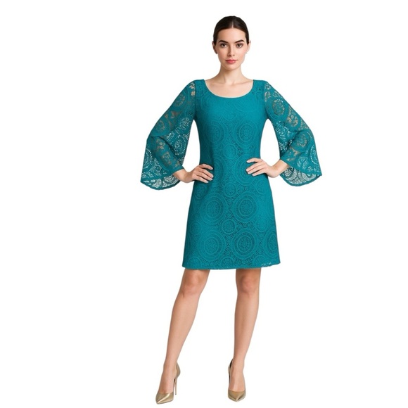 Tacera Bohemian Teal Lace Big Bell Sleeve Fairy Relaxed Fit Shift Dress Size 1X - Picture 1 of 15